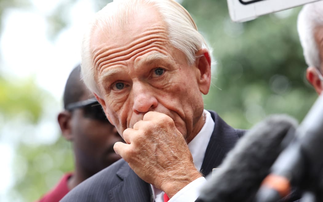WASHINGTON, DC - SEPTEMBER 07: Peter Navarro, an advisor to former U.S. President Donald Trump, speaks to reporters after being found guilty of contempt of Congress at the E. Barrett Prettyman Courthouse on September 07, 2023 in Washington, DC. Navarro was found guilty of criminal contempt of Congress for failing to comply with a congressional subpoena related to the House select committee's investigating of the January 6, 2021, attack on the US Capitol.   Kevin Dietsch/Getty Images/AFP (Photo by Kevin Dietsch / GETTY IMAGES NORTH AMERICA / Getty Images via AFP)