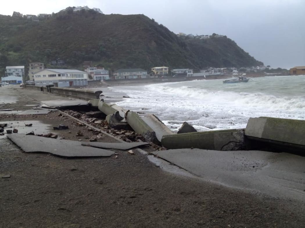 The sea wall at Island Bay in Wellington was smashed.