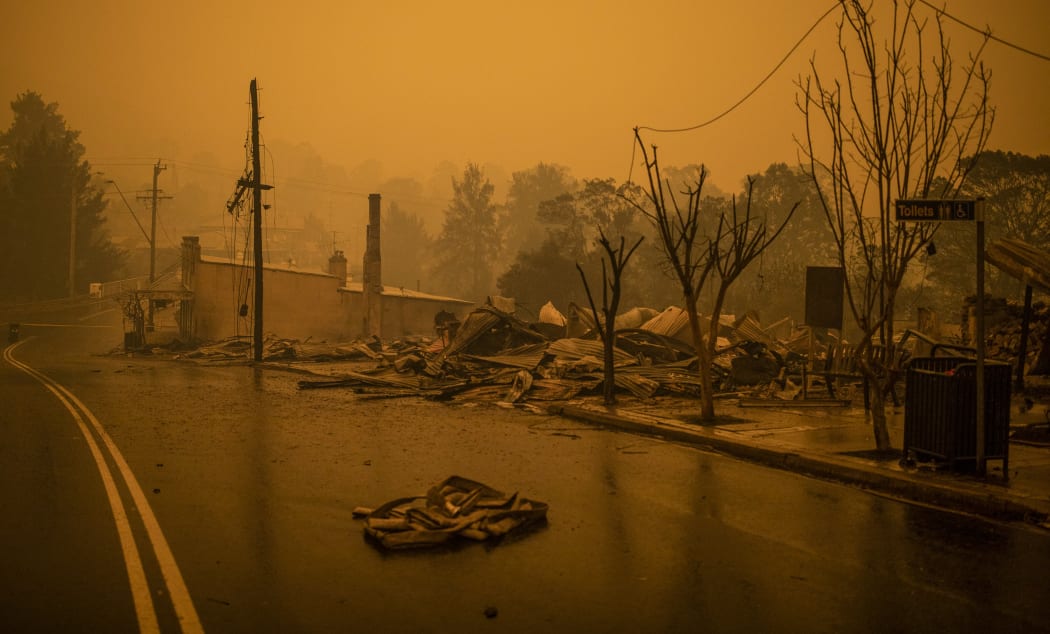 The remains of burnt out buildings along main street in the New South Wales town of Cobargo on December 31, 2019.