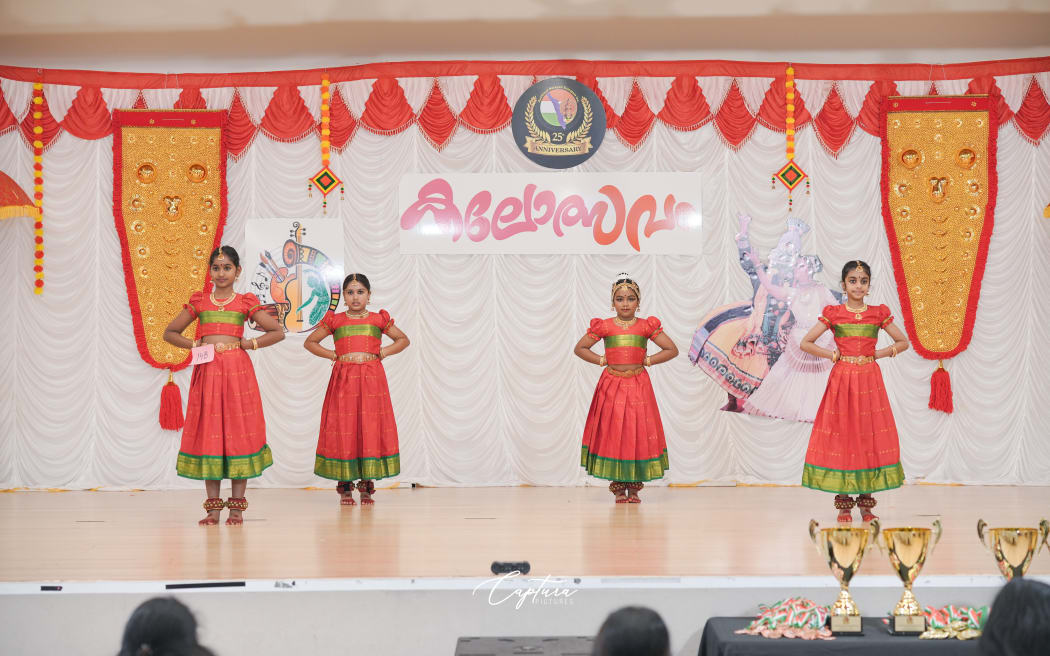 Children perform on stage at Kalolsavam 2025 in Auckland on Saturday.