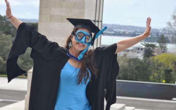 Wednesday Davis, as pictured on her Instagram, graduating from Auckland University with an Master of Science with first class honours in marine science.