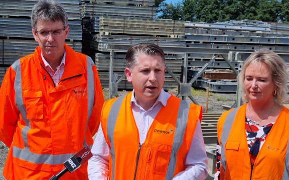 Waka Kotahi national emergency response team leader Mark Owen, Transport Minister Michael Wood, MP for Tukituki Anna Lorck.