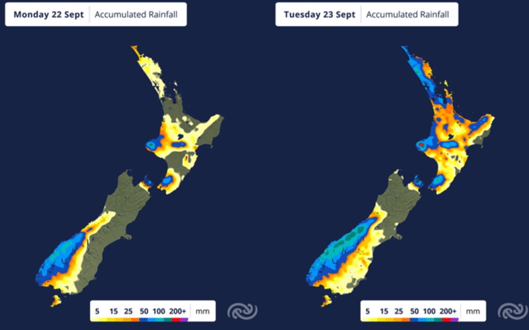 Accumulated rainfall maps for Monday and Tuesday.