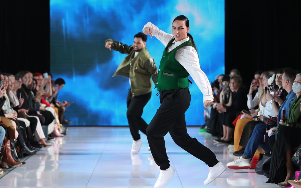 AUCKLAND, NEW ZEALAND - AUGUST 30: Models dance on the runway during the Susana Tasi show during New Zealand Fashion Week 23: Kahuria at Viaduct Events Centre‎ on August 30, 2023 in Auckland, New Zealand.