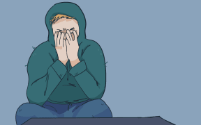 Illustration of a person hunched over in a hoodie, looking stressed with their hands up to their face.