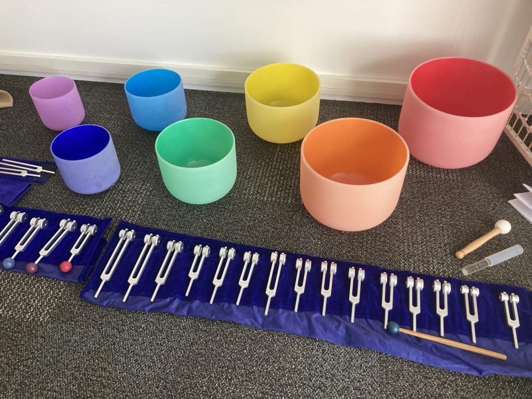 Several sound healing instruments such as tuning forks and Himalayan bowls