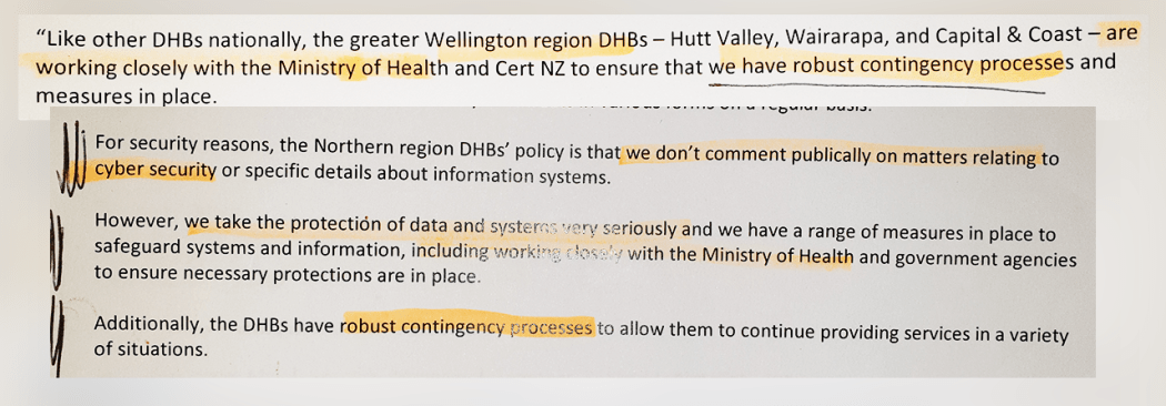 Responses from DHBs on cyber security.