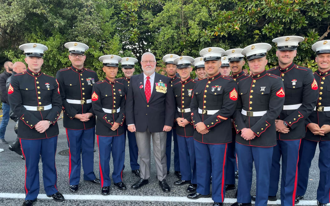 Major Larry Keim, from the Kapiti US Marines Trust, with members of the US Marine Corps Forces Pacific band at the Paraparaumu RSA Dawn Service in Paraparaumu.