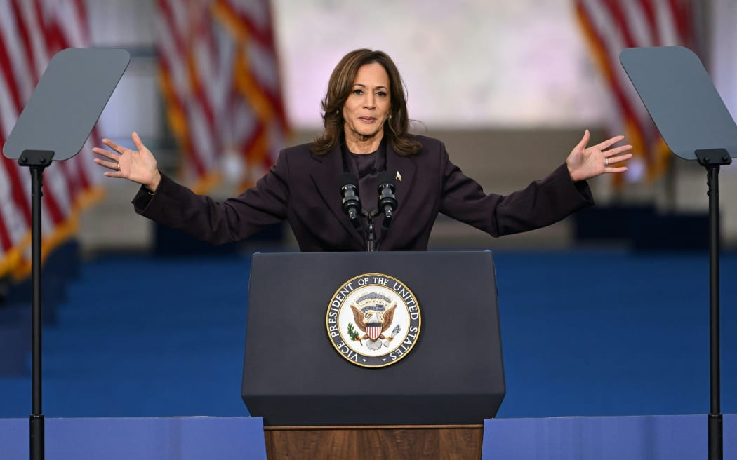US Vice President Kamala Harris speaks at Howard University in Washington, DC, on November 6, 2024. - Donald Trump won a sweeping victory Wednesday in the US presidential election, defeating Kamala Harris to complete an astonishing political comeback that sent shock waves around the world. (Photo by SAUL LOEB / AFP)
