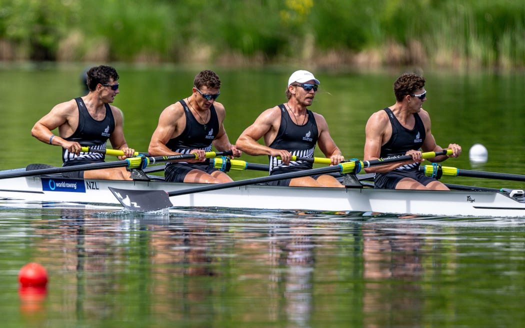 Matt Macdonald (stroke), Tom Murray (3), Logan Ullrich (2) and Oliver Maclean (bow). New Zealand Men’s Coxless Four at the 2024 World Rowing Cup