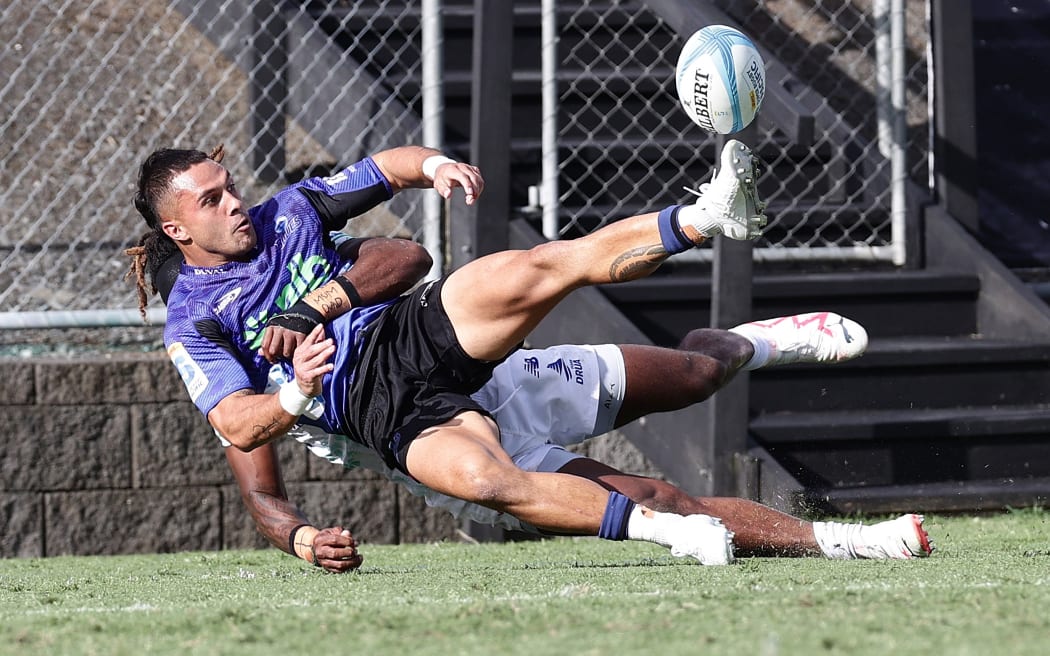 Sam Nock of the Blues during the round 1 Super Rugby Pacific match between the Blues and Fijian Drua at Semenoff Stadium in Whangarei.