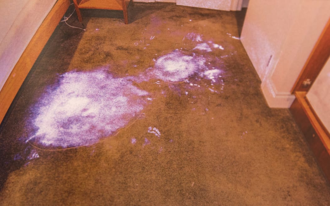Photos showing luminol results from crime scene analysis of the hotel room
