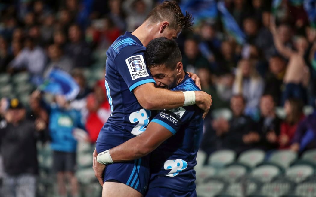 Blues Rieko Ioane celebrates after another try during the Super Rugby match between the Blues and the Sunwolves in Auckland.