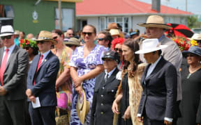 Politicians at Rātana Pā, including outgoing Prime Minister Jacinda Ardern wearing a korowai.