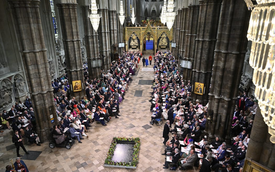 An inside view of Westminster Abbey in central London on May 6, 2023, ahead of the coronations of Britain's King Charles III and Britain's Camilla, Queen Consort. - The set-piece coronation is the first in Britain in 70 years, and only the second in history to be televised. Charles will be the 40th reigning monarch to be crowned at the central London church since King William I in 1066. Outside the UK, he is also king of 14 other Commonwealth countries, including Australia, Canada and New Zealand. Camilla, his second wife, will be crowned queen alongside him, and be known as Queen Camilla after the ceremony. (Photo by Gareth Cattermole / POOL / AFP)