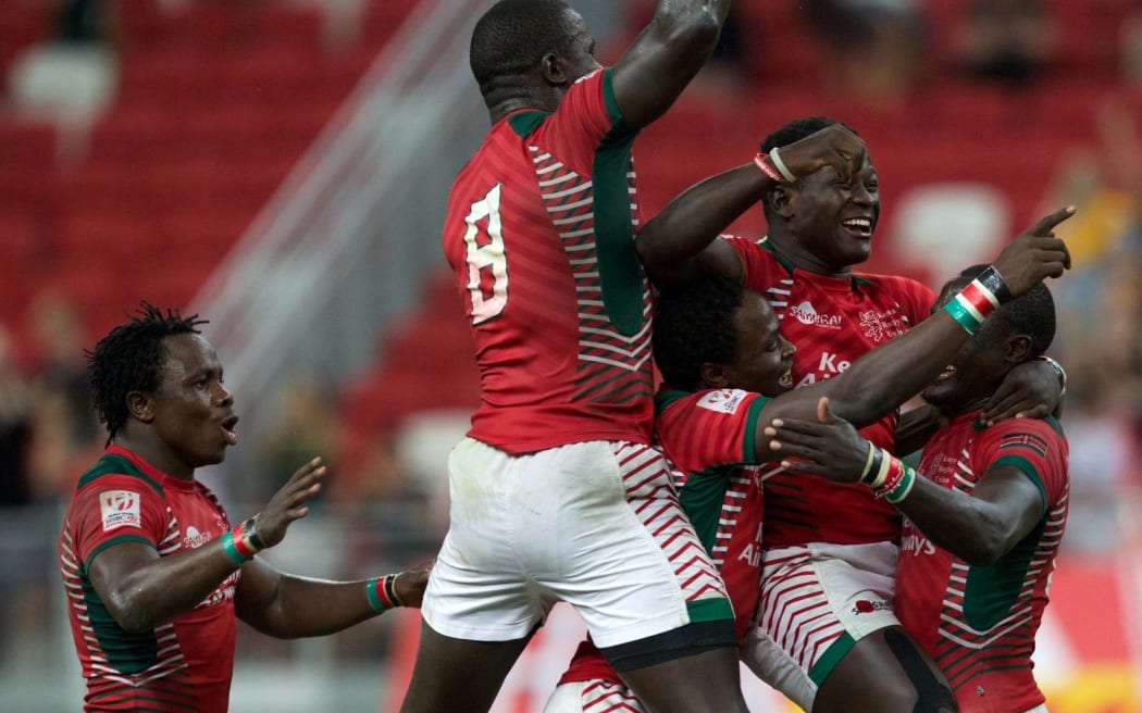 Kenya celebrate winning the Singapore Sevens title.