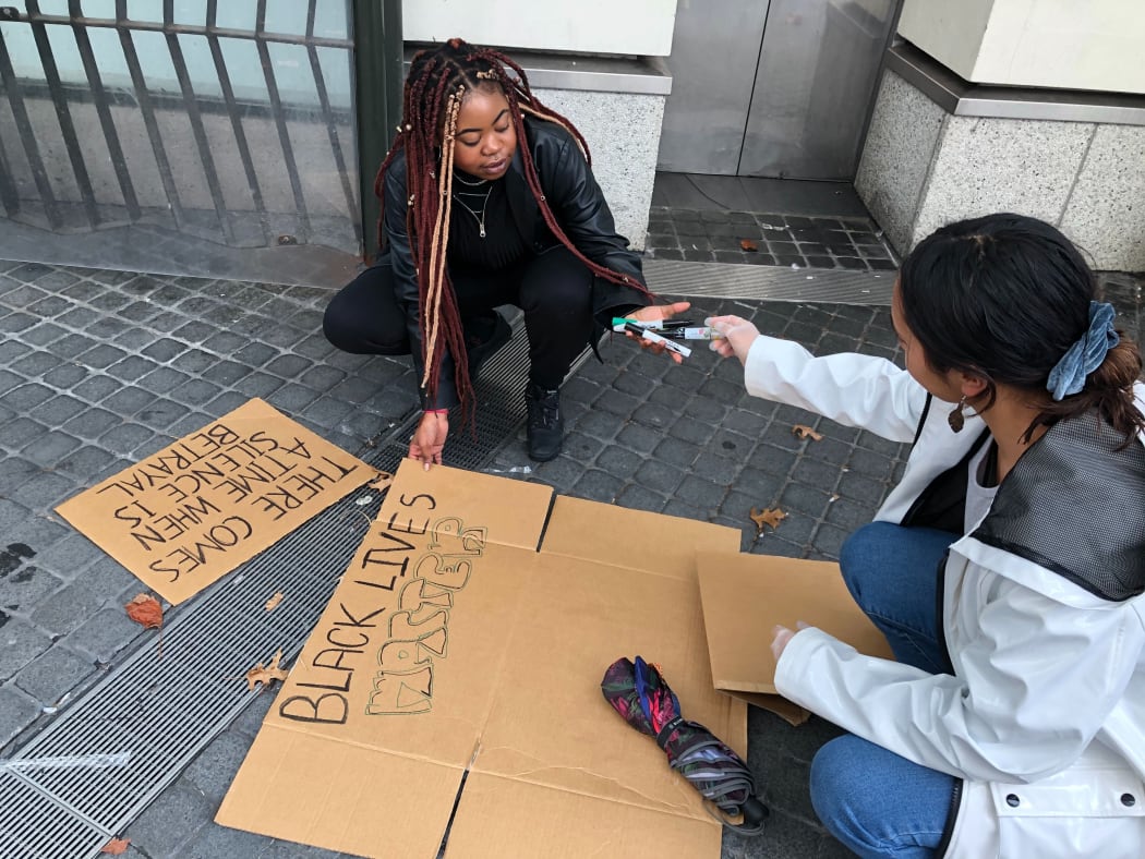 Placards being prepared at the Auckland Black Lives Matter March for Solidarity.