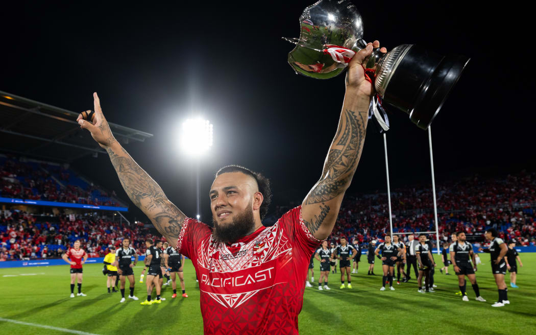 Tonga's Addin Fonua-Blake celebrates their win against the Kiwis during Paciﬁc Championship - Kiwis v Tonga XIII at Go Media Stadium, Auckland, New Zealand    02  November  2024       Photo: Brett Phibbs / www.photosport.nz