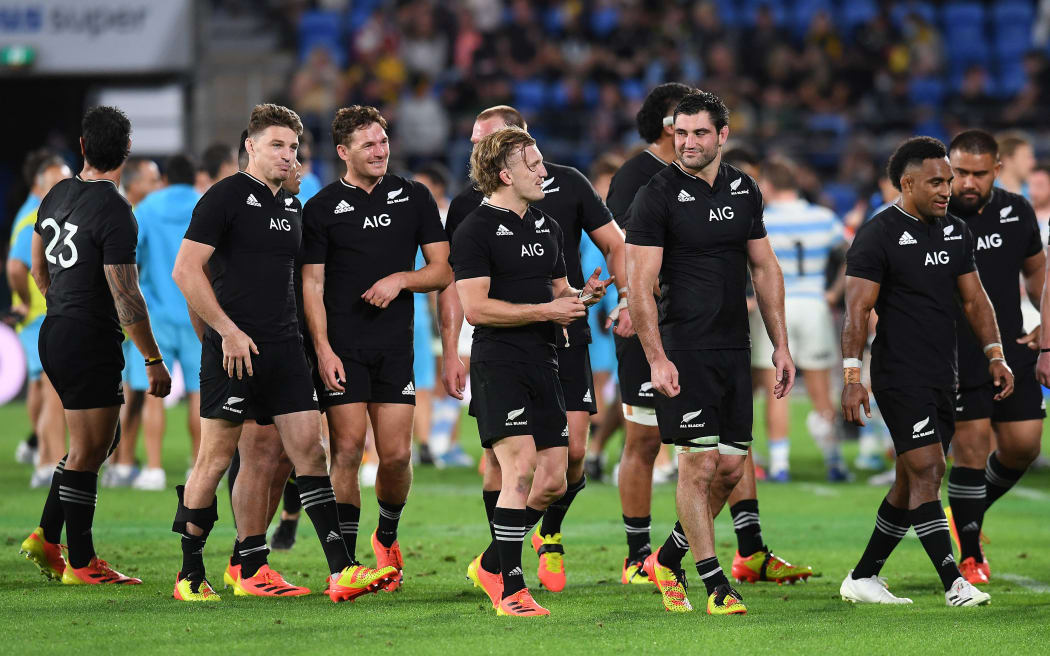 Damian McKenzie and Luke Jacobson at the end of the match.