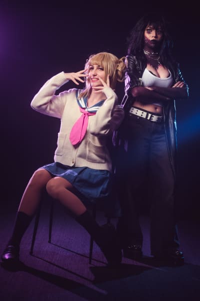 Cosplayers Diaval and vampiretart dressed as Dabi and Toga from Japanese manga series My Hero Academia.