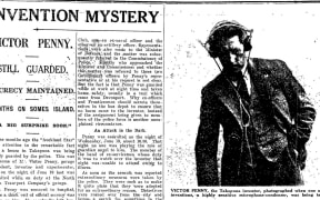 A clipping from the Auckland Star about Auckland inventor Victor Penny. The Headline reads: Invention Mystery. Victor Penny Still Guargded. Secrecy maintained. Months on Somes Islands. "A Big Surprise Soon"