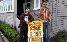 Dominic "Toutetes" Hoey and Skyscraper Stan outside the venue in Rotorua.