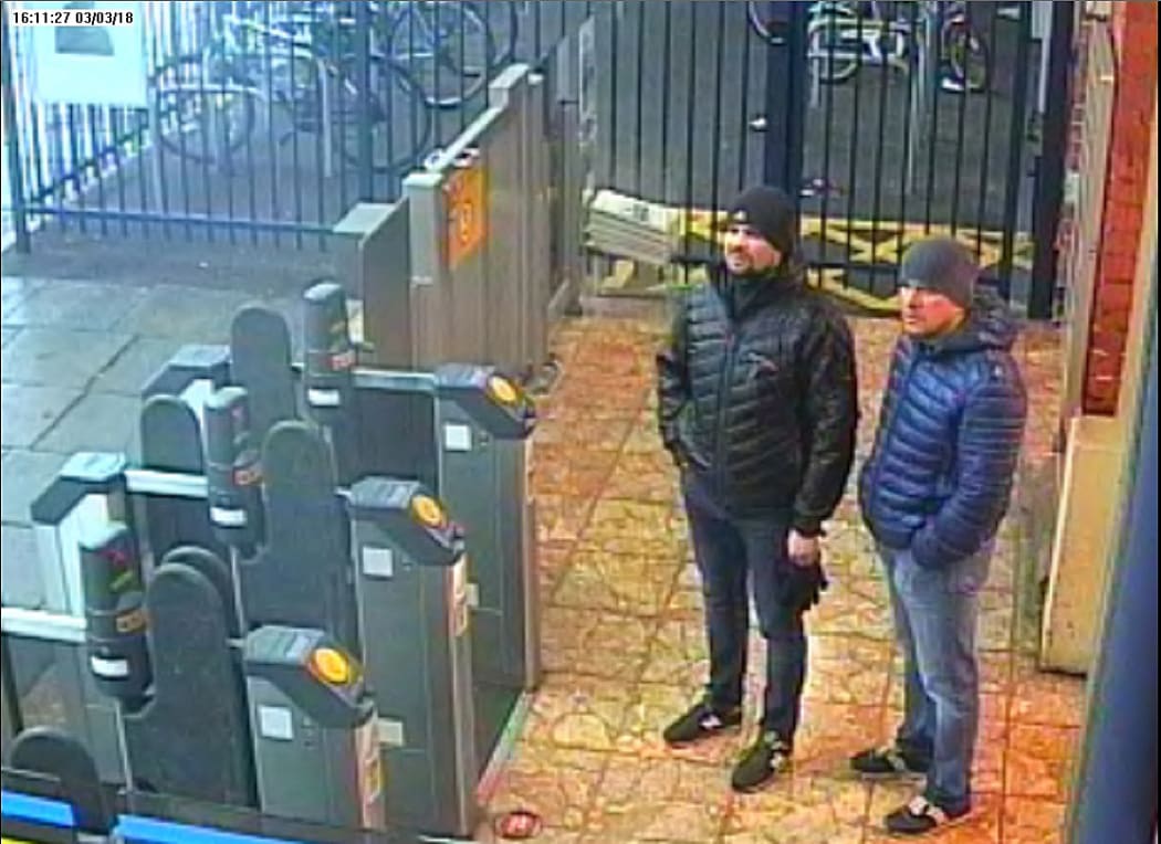 A handout picture taken at Salisbury train station in Salisbury, west of London on March 3, 2018 shows Alexander Petrov (R) and Ruslan Boshirov.