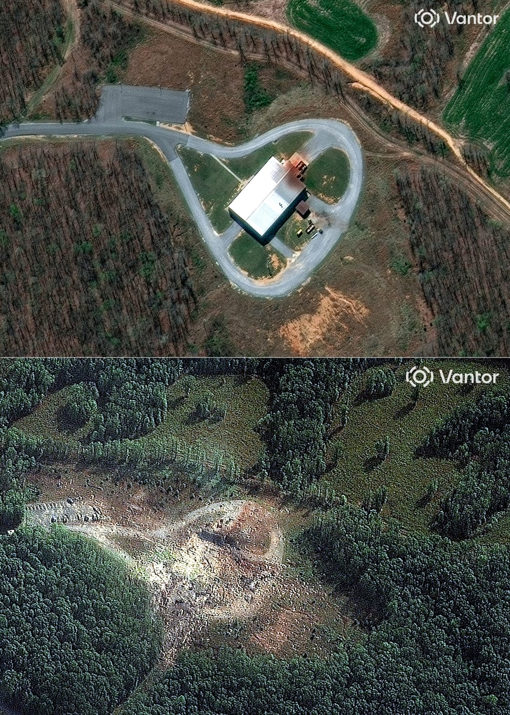 (COMBO) This combination of pictures created on October 11, 2025 shows, from top to bottom, a handout satellite image by Vantor taken on April 3, 2021 of Accurate Energetic Systems in McEwen, Humphreys County, Tennessee, and a handout satellite image by Vantor taken on October 10, 2025, showing a view of the blast site following the October 10 explosion at Accurate Energetic Systems in McEwen, Humphreys County, Tennessee. Nineteen people were missing and an unspecified number were killed after a massive blast tore through a US military explosives plant on October 10, prompting emergency responders to scour the ravaged site for any survivors, officials said. (Photo by Satellite image ©2025 Vantor / AFP) / RESTRICTED TO EDITORIAL USE - MANDATORY CREDIT "AFP PHOTO / SATELLITE IMAGE ©2025 VANTOR ” - NO MARKETING NO ADVERTISING CAMPAIGNS - DISTRIBUTED AS A SERVICE TO CLIENTS - THE WATERMARK MAY NOT BE REMOVED/CROPPED
RESTRICTED TO EDITORIAL USE - MANDATORY CREDIT "AFP PHOTO / SATELLITE IMAGE ©2025 VANTOR ” -...