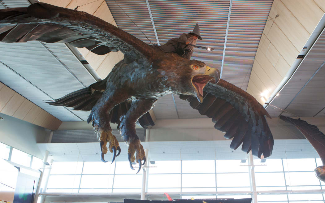 Two giant eagles suspended from the ceiling at Wellington Airport.
