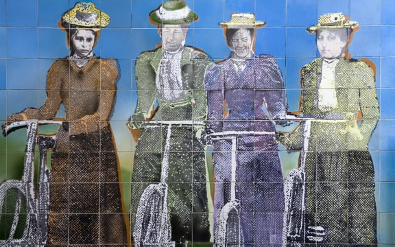 Photo of Women's Suffrage tile mural outside the Auckland Art Gallery, taken in February 2011.