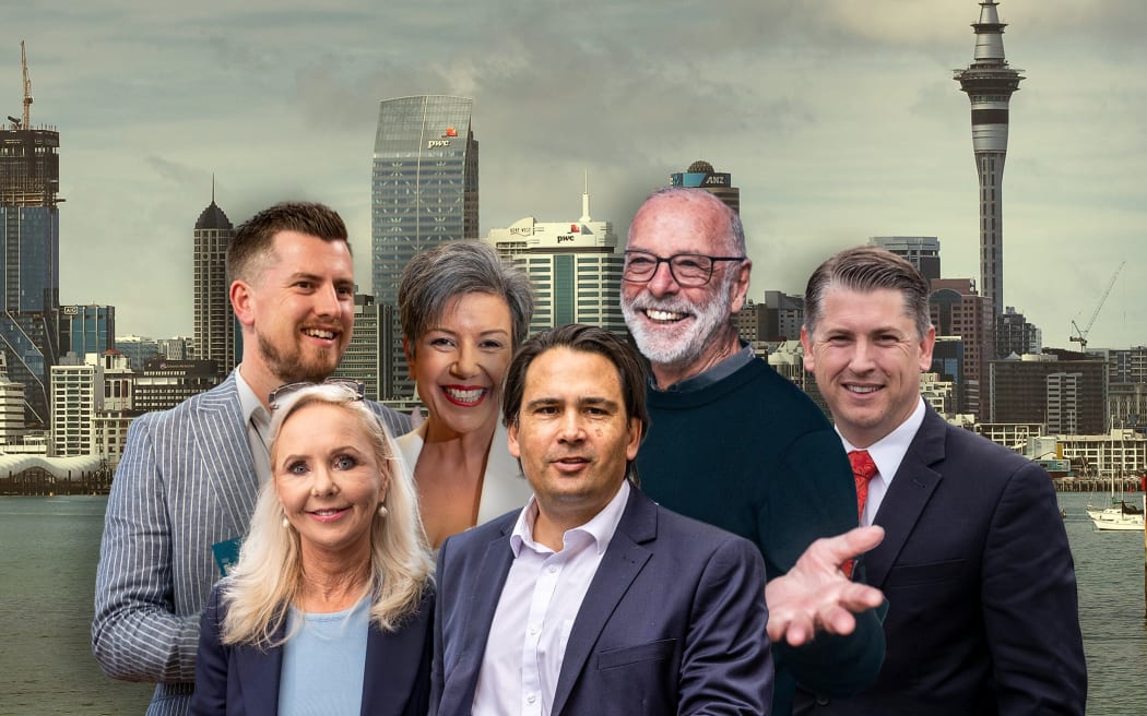 The Auckland City skyline with Mayoral hopefuls l-r: The Auckland City skyline, with Mayoral hopefuls inset l-r: Richard Hills, Desley Simpson, Paula Bennett, Simon Bridges, Wayne Brown and Michael Wood Photo / NZME