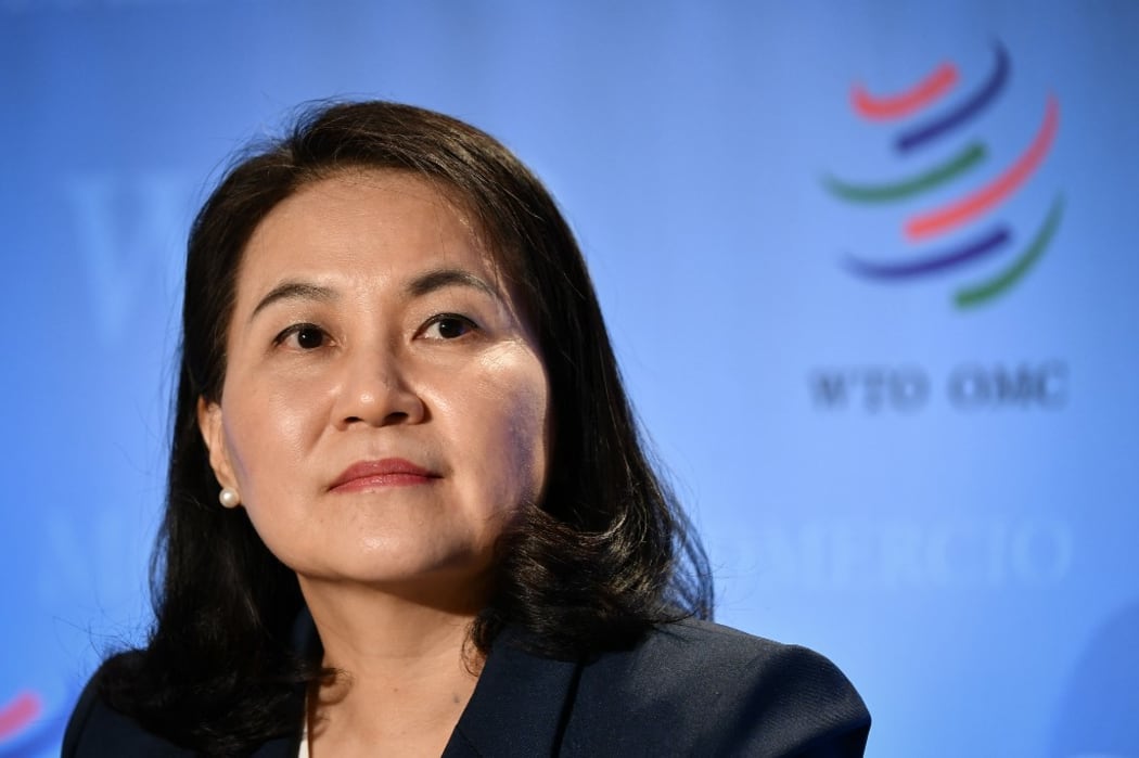 South Korean Trade Minister Yoo Myung-hee attends a press conference following her hearing before 164 member states' representatives, as part of the application process to head the World Trade Organization (WTO) as Director General in Geneva on July 16, 2020. -