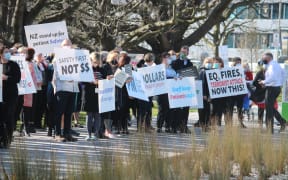 Protesters gather outside of the Canterbury Health Board corporate office on 20 August.
