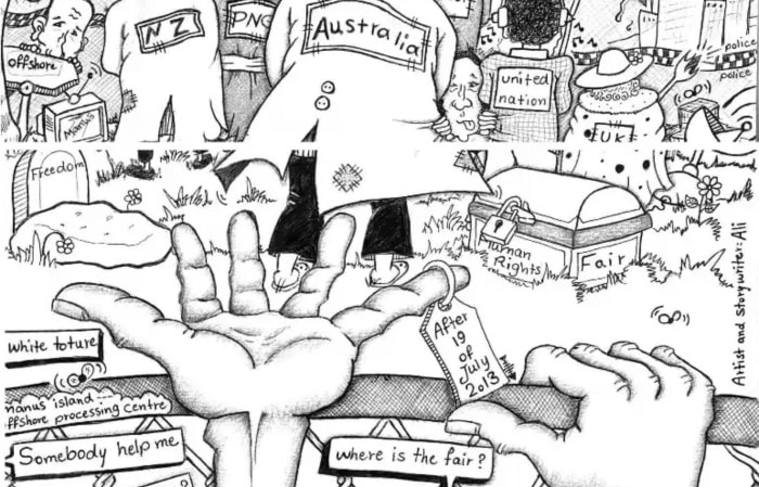Ali's cartoons document the harsh realities of the processing centre.