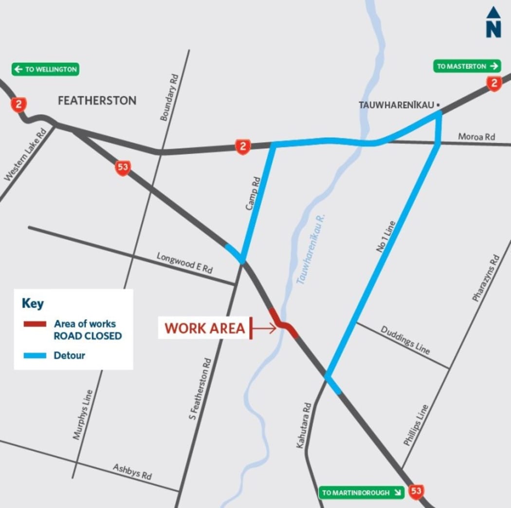 A map provided by the Transport Agency showing the area where State Highway 53 Tauwharenīkau Bridge has had to be closed for repairs.