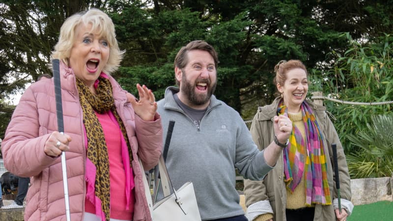 From left: Alison Steadman, Jim Howick and Katherine Parkinson in Here We Go.