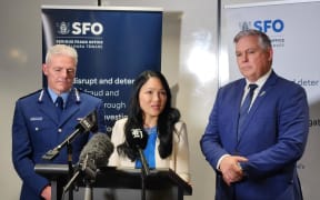 Police Commissioner Richard Chambers, Serious Fraud Office chief executive Karen Chang and Police Minister Mark Mitchell at the  launch of a new Anti-Corruption Taskforce pilot programme in Auckland.