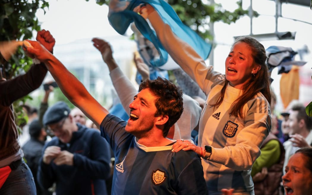 Argentina fans celebrate FIFA World Cup win at Dux Central in Christchurch.