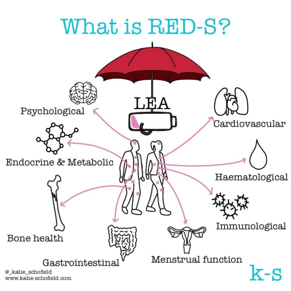 RED-S infographic explaining the physiological impacts. There are pictures of different systems - psychological, cardiovascular, haematological, endocrine & metabolic, bone health, gastronintestinal, immunological and gastrointestinal.