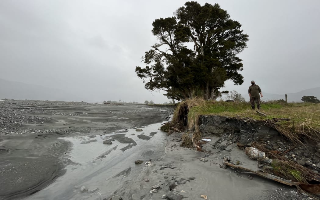 At the lower Waiho Flat, Richard Molloy stands atop the edge of arable farmland which eroded by the Waiho River since February.