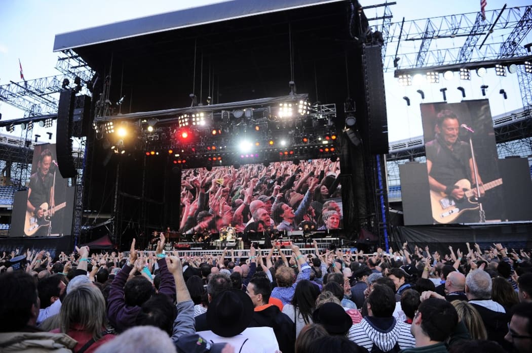 US singer Bruce Springsteen performs on stage during "The river Tour 2016" in the northern Spanish Basque city of San Sebastian on May 17, 2016.