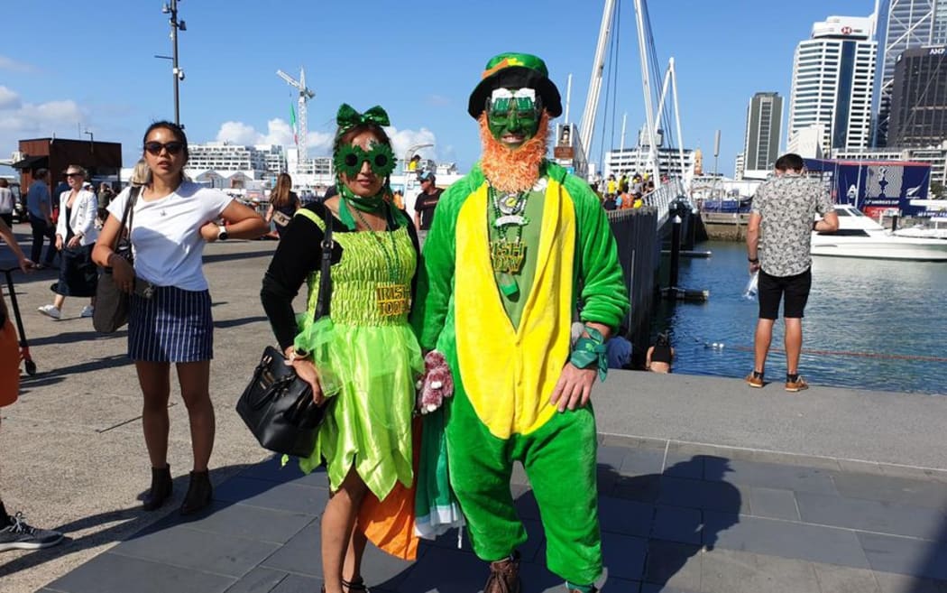 Monna Naidu and Mark Moynihan supporting Team NZ in St Patrick's costumes.