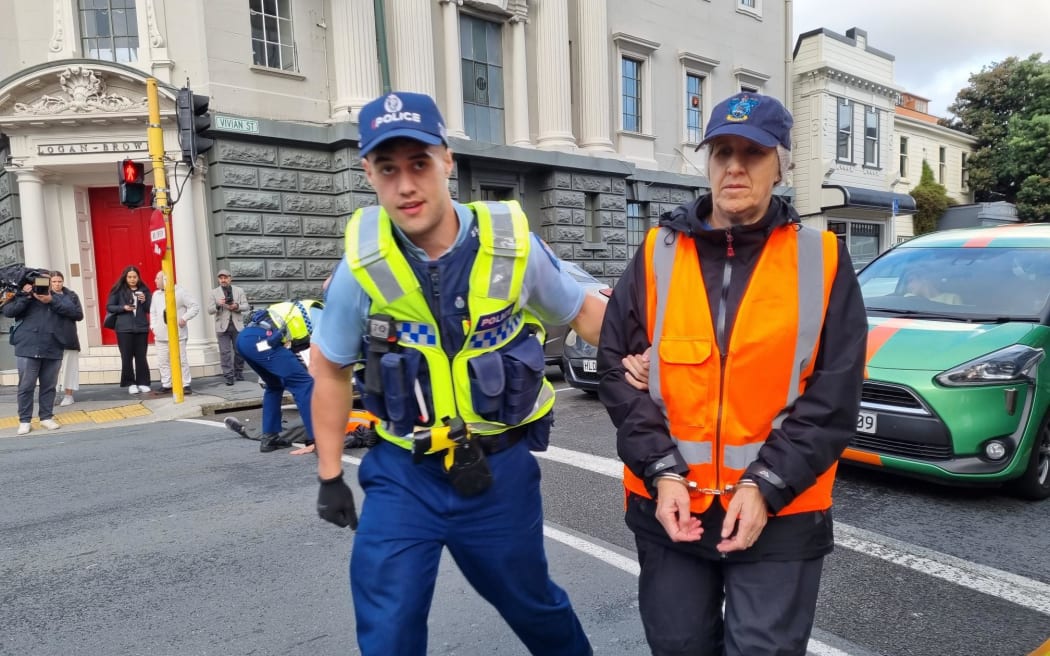 Restore Passenger Rail protesters blocked traffic at the intersection of Vivian and Cuba streets, Wellington, a rush hour on on Monday morning, 24 April 2023.