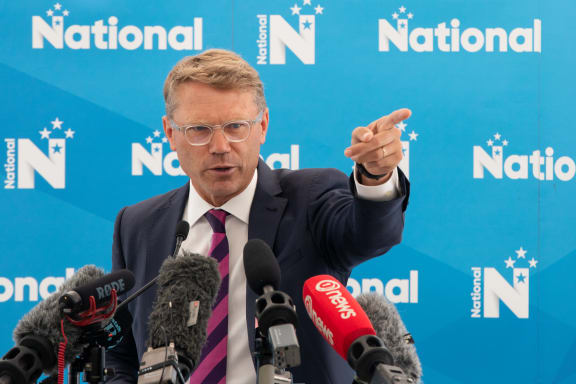 Paul Goldsmith introduces National Party leader Simon Bridges at the launch of The National Economic Agenda at the Rydges in Auckland on February 17, 2020.