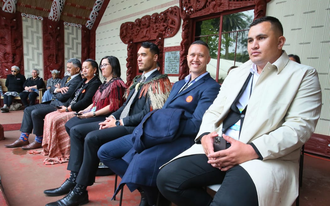 FNDC's Māori ward councillors with their leaders at Waitangi Treaty Grounds - (from left) Babe Kapa, Hilda Halkyard-Harawira Deputy-Mayor Kelly Stratford, Mayor Moko Tepania, Tāmati Rākena, Penetaui Kleskovic.