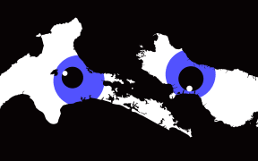sideways white map of NZ on black background with blue graphic eyes peering through.