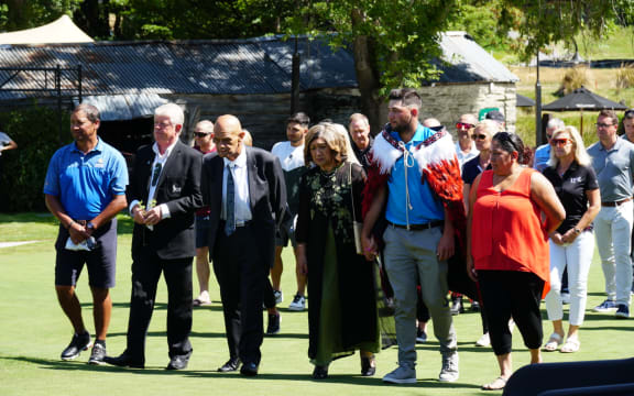 NZ Golf chair Michael Smith (second from left) with New Zealand Māori Golf Association's patron Waihoroi Shortland (third from left) and champion Owen Lloyd at the pōwhiri during the tournament opening on 26 February.