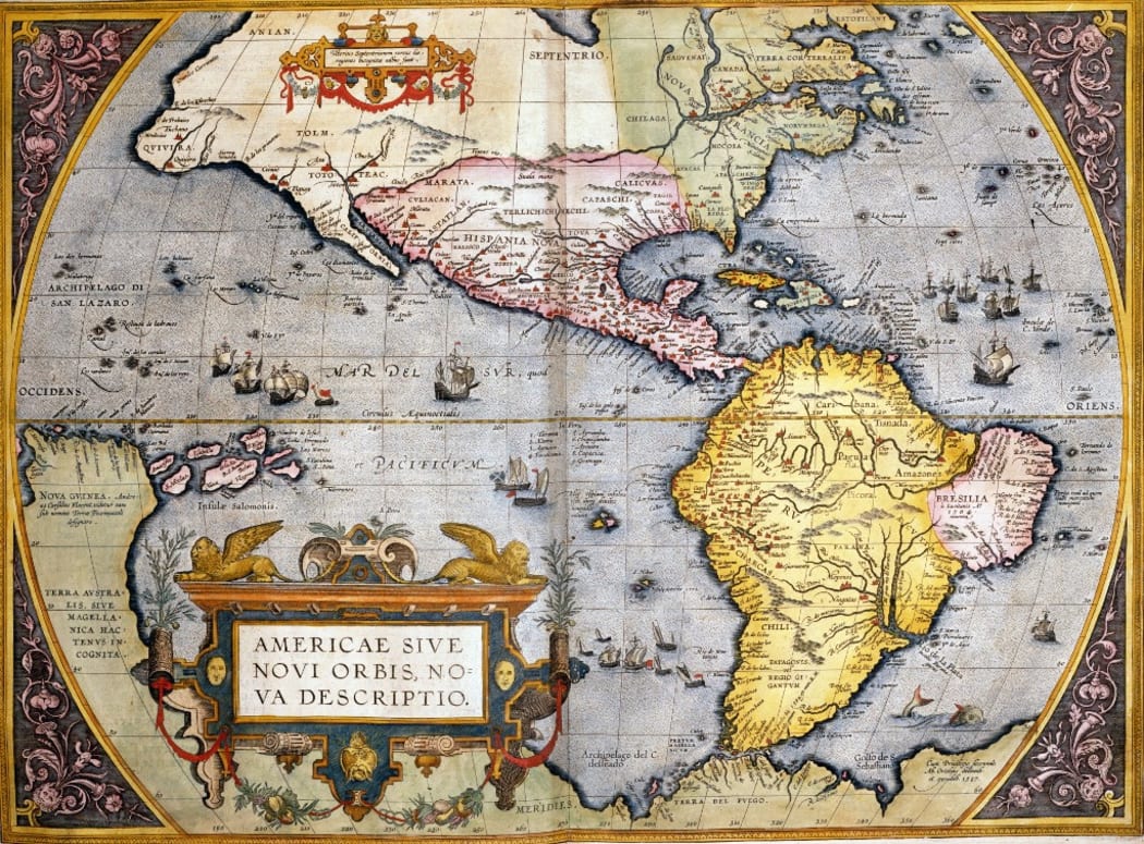 Abraham Ortelius (1528-1598)
"Theatrum Orbis Terrarum", Antwerp, 1570
The Americas. "Americae sive novis orbis, nova descriptio"
Private Collection (Photo by Alfredo Dagli Orti / Alfredo Dagli Orti / Photo12 via AFP)