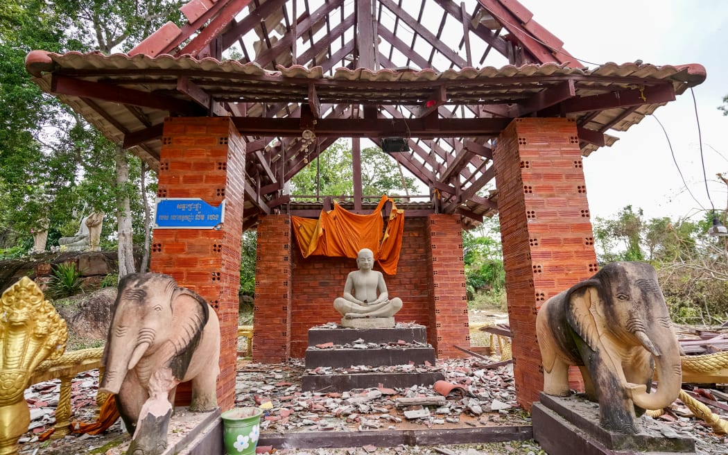 A pagoda damaged by Thai artillery is pictured in Oddar Meanchey province on 25 July, 2025.