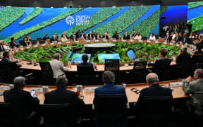 General view of the Leaders’ Round Table during the launch of the Tropical Forest Forever Facility (TFFF) in the framework of the COP30 UN Climate Change Conference in Belem, Para State, Brazil, on November 6, 2025. (Photo by Pablo PORCIUNCULA / AFP)